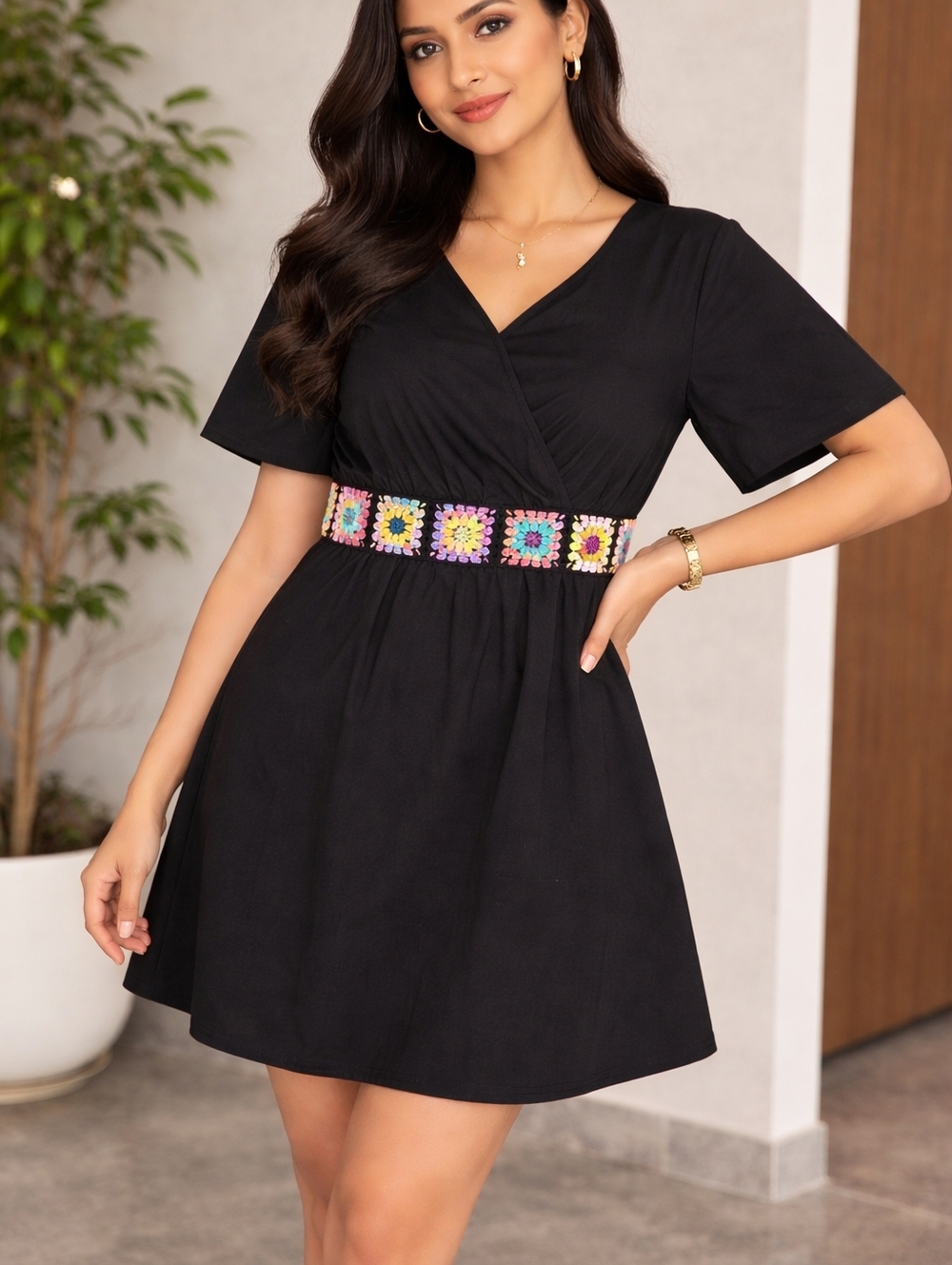 Black Mini Dress with Multicolor Crochet Waist